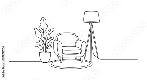 A minimalist line drawing depicts a cozy armchair floor lamp and a potted plant in a room