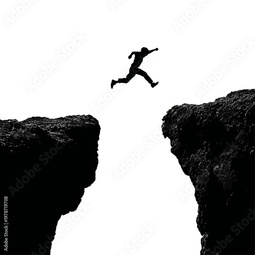 Silhouette of a Person Leaping from One Cliff to Another in Dramatic Adventure Pose