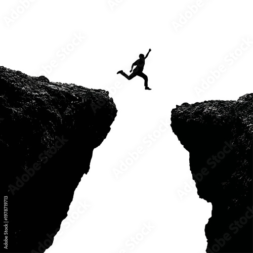 Silhouette of a Person Leaping from One Cliff to Another in Dramatic Adventure Pose