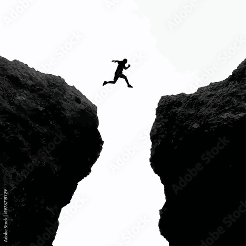 Silhouette of a Person Leaping from One Cliff to Another in Dramatic Adventure Pose