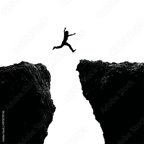 Silhouette of a Person Leaping from One Cliff to Another in Dramatic Adventure Pose