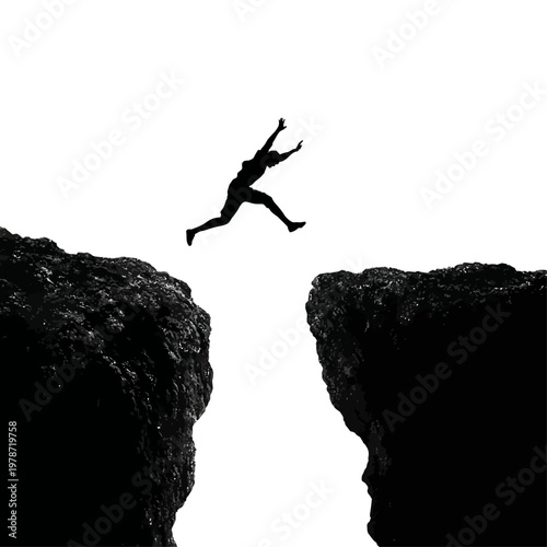 Silhouette of a Person Leaping from One Cliff to Another in Dramatic Adventure Pose
