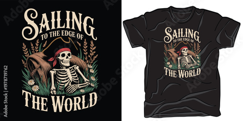 A black t shirt design mockup shows a pirate skull with compass and waves as bold text reads Sailing the World in vintage style.