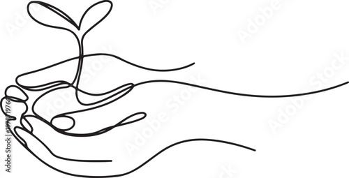 Hands hold sprout continuous line drawing. Plant in human arm one line art. One line draw graphic design vector