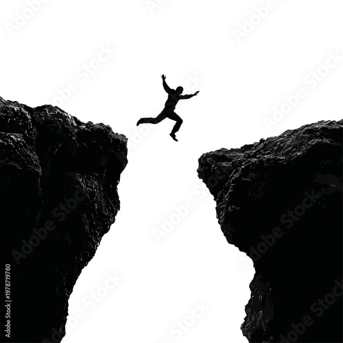 Silhouette of a Person Leaping from One Cliff to Another in Dramatic Adventure Pose