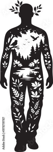 Conceptual illustration of a human form integrated with natural scenery, depicting the deep connection between mind, body, and the environment, representing eco-consciousness