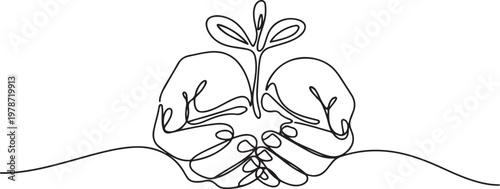 Hands hold sprout continuous line drawing. Plant in human arm one line art. One line draw graphic design vector
