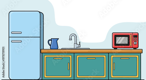 A colorful cartoon illustration depicts a simple kitchen setup with appliances and cabinets