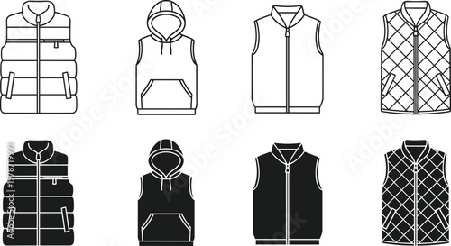 Black silhouette and outline vector icons of sleeveless outerwear, puffer vest, hoodie, quilted vest, fashion garment design, clothing illustration artwork