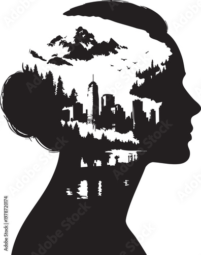 Woman Icon Vector Elegant female silhouette art featuring a nature and city landscape fusion. This minimal design symbolizes inner thought, balance, and diverse perspectives