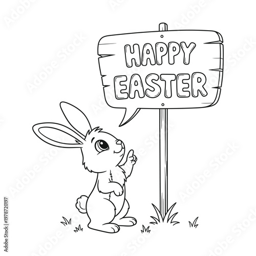 Title happy easter day cute bunny with sign festive spring holiday greetings description a black and white illustration of a bunny