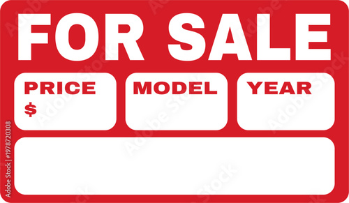 For sale sign for a vehicle windshield indicating the price, model, and year