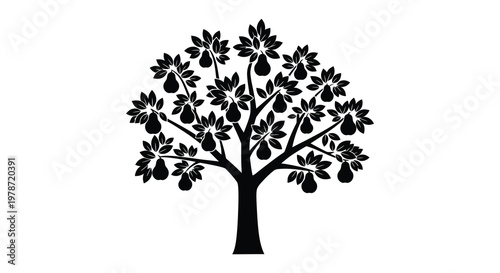 A striking black silhouette of a pear tree laden with fruit showcasing detailed foliage and branches silhouette