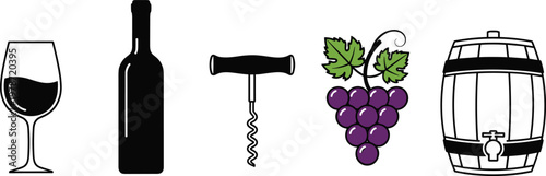 Wine vector icons of glass, bottle, corkscrew, grapes, barrel, vineyard elements, winemaking process, beverage illustration, alcohol design, minimal style artwork