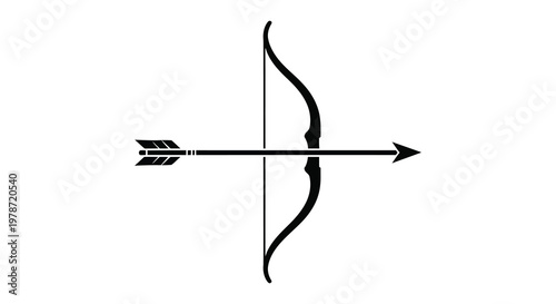 A sleek minimalist depiction of a traditional bow and arrow presented as a striking black silhouette high quality