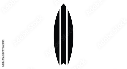 A stark black surfboard design with three vertical lines stands out against a completely white background silhouette