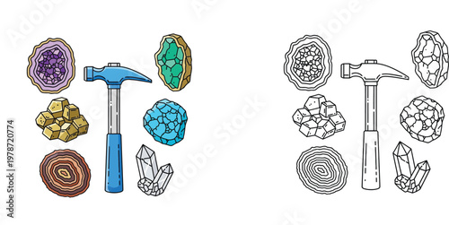 Geology Icon Set Featuring Colorful and Outline Vector Illustrations of Crystals Minerals and Geological Hammer for Earth Science and Research
