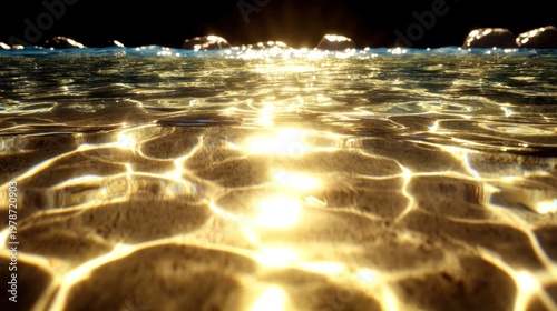 Sparkling Water Surface at Sunset with Glimmering Reflections and Gentle Waves Creating a Serene Atmosphere