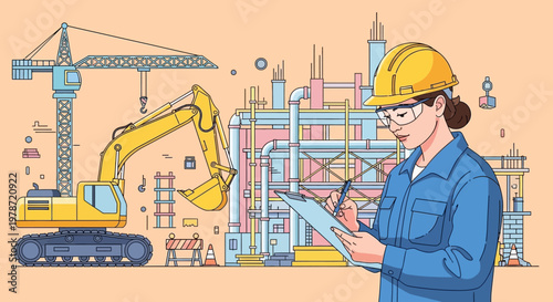 Female engineer reviewing construction site plans.