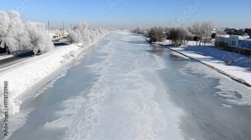 Serene Winter River Scene with Frosted Trees and Ice-Covered Waterway Under Clear Blue Sky