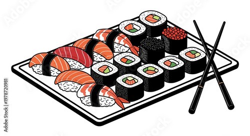 A plate of assorted sushi rolls and sashimi.