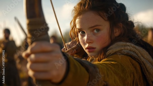 Young Archer Aiming Bow in Outdoor Scene, Focused Expression, Medieval Inspired Setting, Natural Light