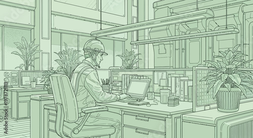 Man working on laptop in office.