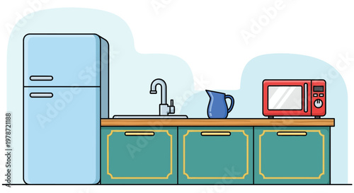 A simple kitchen illustration features a refrigerator sink countertop and microwave oven