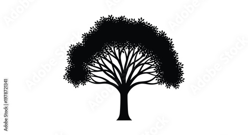 A striking black graphic depicts a lush rounded tree canopy over a bare tree creating a bold silhouette