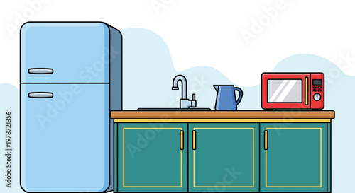A brightly colored illustration depicts a simple kitchen setup with appliances and cabinetry