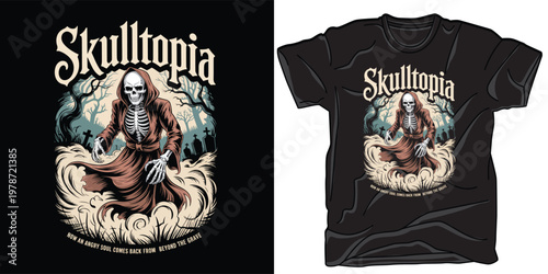 Skulltopia design with grim reaper and graveyard, representing underworld and afterlife concepts with eerie atmosphere.
