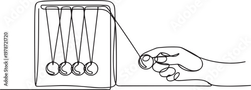 Simple continuous line drawing Newton cradle pendulums kinetic balls hand pulling. One line draw graphic design vector