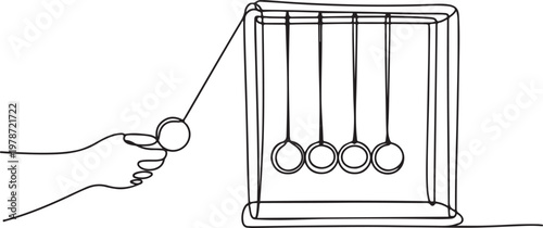 Simple continuous line drawing Newton cradle pendulums kinetic balls hand pulling. One line draw graphic design vector