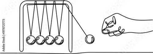 Simple continuous line drawing Newton cradle pendulums kinetic balls hand pulling. One line draw graphic design vector