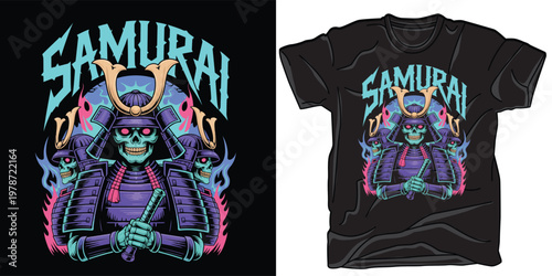 Samurai skeleton warrior in armor with blue flames and japanese traditional style tshirt illustration.