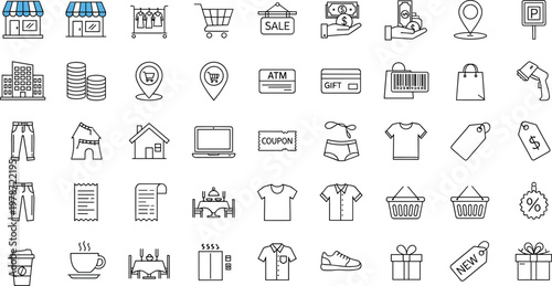 Comprehensive set of shopping and retail line icons featuring store fronts, clothing, payment methods, gift boxes, and commerce symbols isolated on white background.
