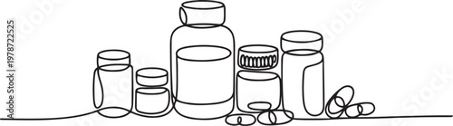 Various medicine bottles and capsules in one line art style. One line draw graphic design vector
