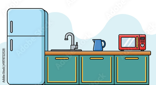 A colorful illustration depicts a simple kitchen setup with a refrigerator sink pitcher and microwave