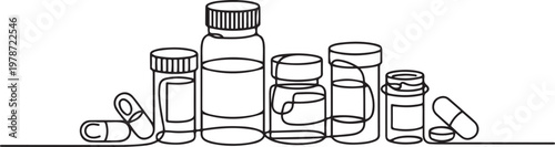 Various medicine bottles and capsules in one line art style. One line draw graphic design vector