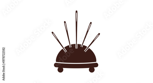 A dark brown pincushion with multiple sewing needles stuck into its surface simple illustration