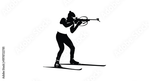 A cross country skier aims a rifle while in motion showcasing dynamic winter sports action a striking silhouette