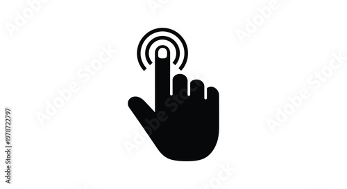 A black silhouette of a hand pressing a circular button icon