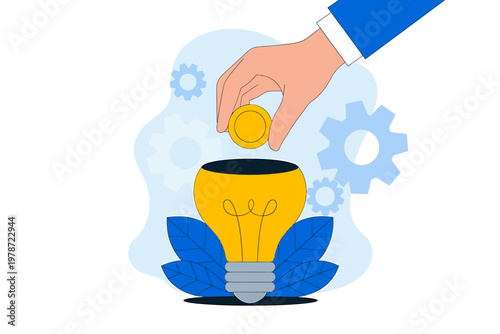 Hand putting coin into light bulb with blue leaves and gears in background