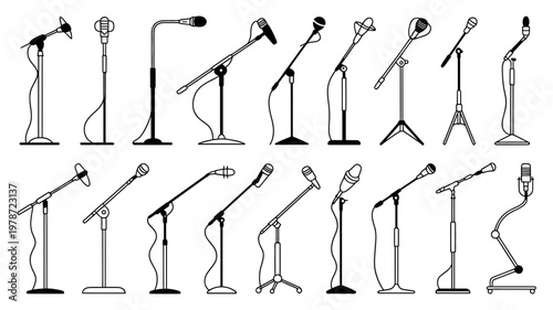 Large set of professional microphone silhouettes with stands isolated on white for audio recording theme