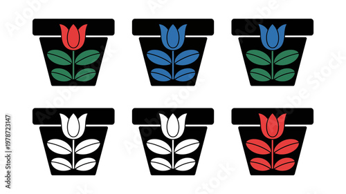 Set of colorful tulip flower icons in flower pots for garden design or decorative spring graphic projects