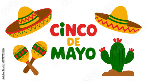 Cinco de Mayo celebration with sombreros maracas and cactus on white background