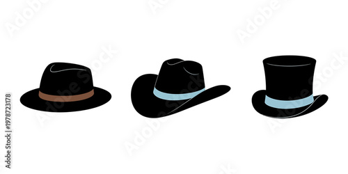 Three different types of black hats with various colored bands