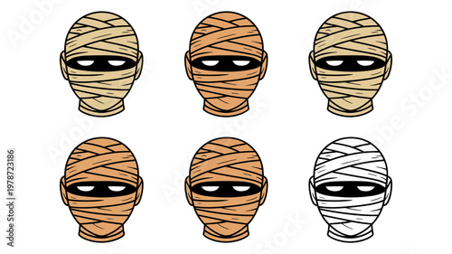 Set of mummy head illustrations with various bandage textures for Halloween or ancient history graphics