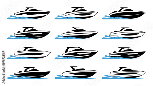 Collection of motorboat silhouettes in various styles for marine transportation and nautical graphic design