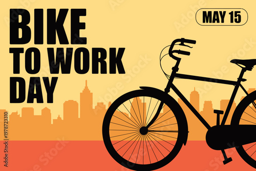 Bike to work day campaign poster with bicycle and city skyline background